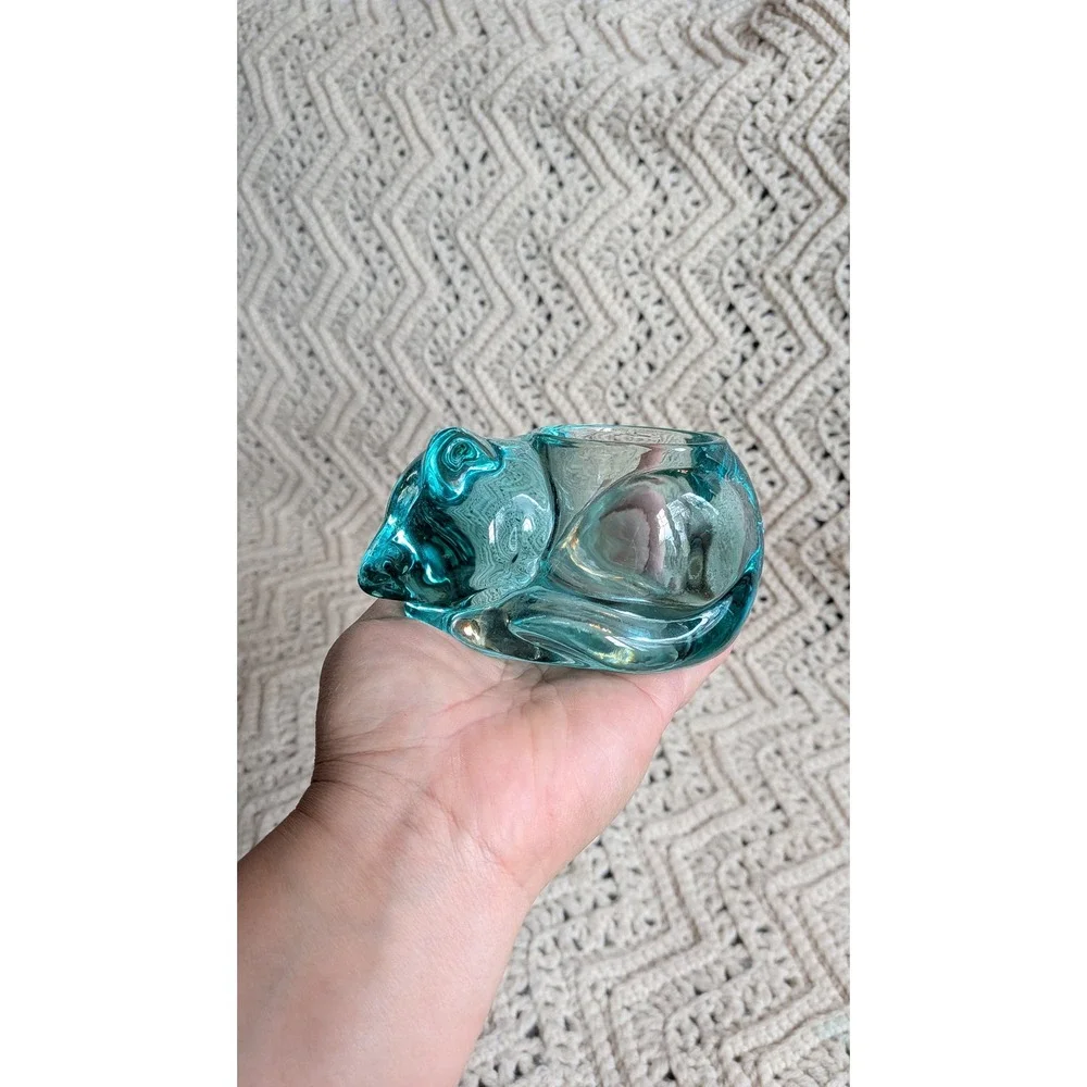 Vintage Indiana Glass Green-Blue Sleeping Cat Votive Candle Holder Figurine